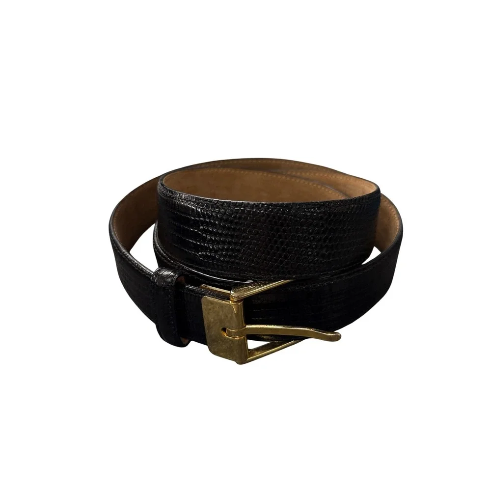 Lizard Skin Belt Mens 40 Black Excellent Exotic Leather Gold Buckle